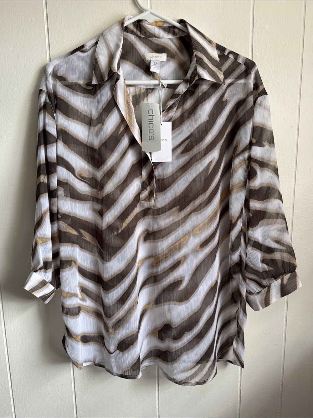 NWT Chico's Brown, White & Cream Zebra-Stripe Button-Front Shirt Sz 0